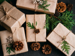 Christmas gift boxes and decorations composition