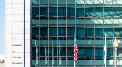 US United States Securities and Exchange Commission SEC entrance architecture modern building sign, logo, american flag, glass windows