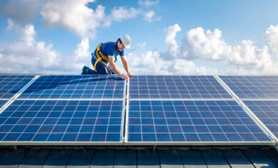 Professional worker installing solar panels on the roof of a house