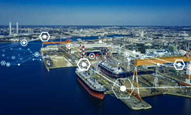 Modern shipyard aerial view and communication network concept. Logistics. INDUSTRY 4.0. Factory automation.