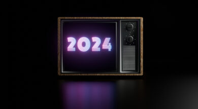 Retro Television Displaying Neon 2024 Text in a Dark Background