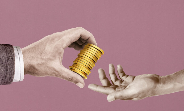 Businessman gives money to another man. Income, trade, investment loans, wealth and poverty.abstract art collage on pink paper.