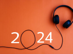 happy new year 2024. Year 2024 with headphones. creativity inspiration, planning ideas concept. Colorful background