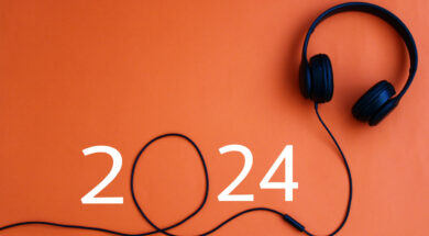 happy new year 2024. Year 2024 with headphones. creativity inspiration, planning ideas concept. Colorful background