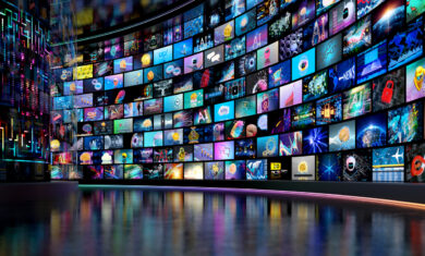 Media concept – multiple television screens. Digital data streaming concept.