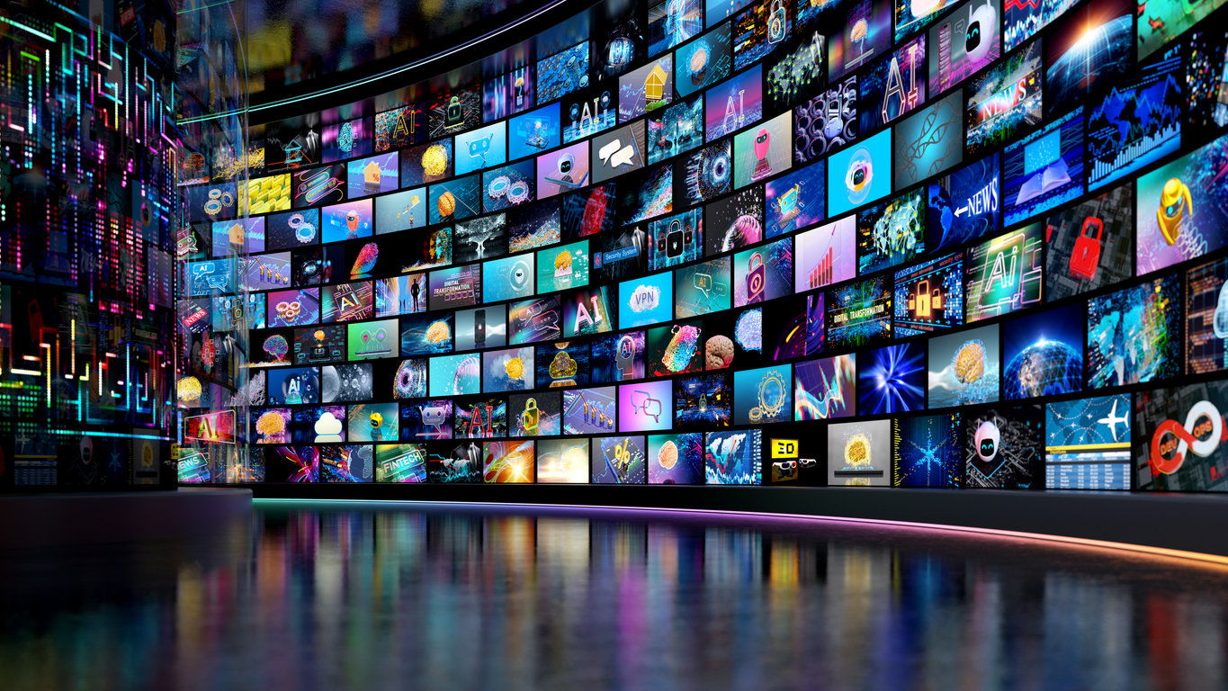 Media concept – multiple television screens. Digital data streaming concept.