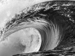 Close up of a huge and powerful wave breaking, Tahiti black and white