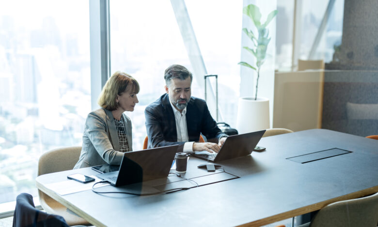 Enhanced Strategic Planning to Identify Future Market Trends of Your Business. Senior businesswoman and businessman on a business strategic planning meeting while reviewing business data on a laptop in a meeting room of a modern business office.