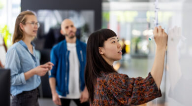 Businesswoman explaining new project plan to team in office