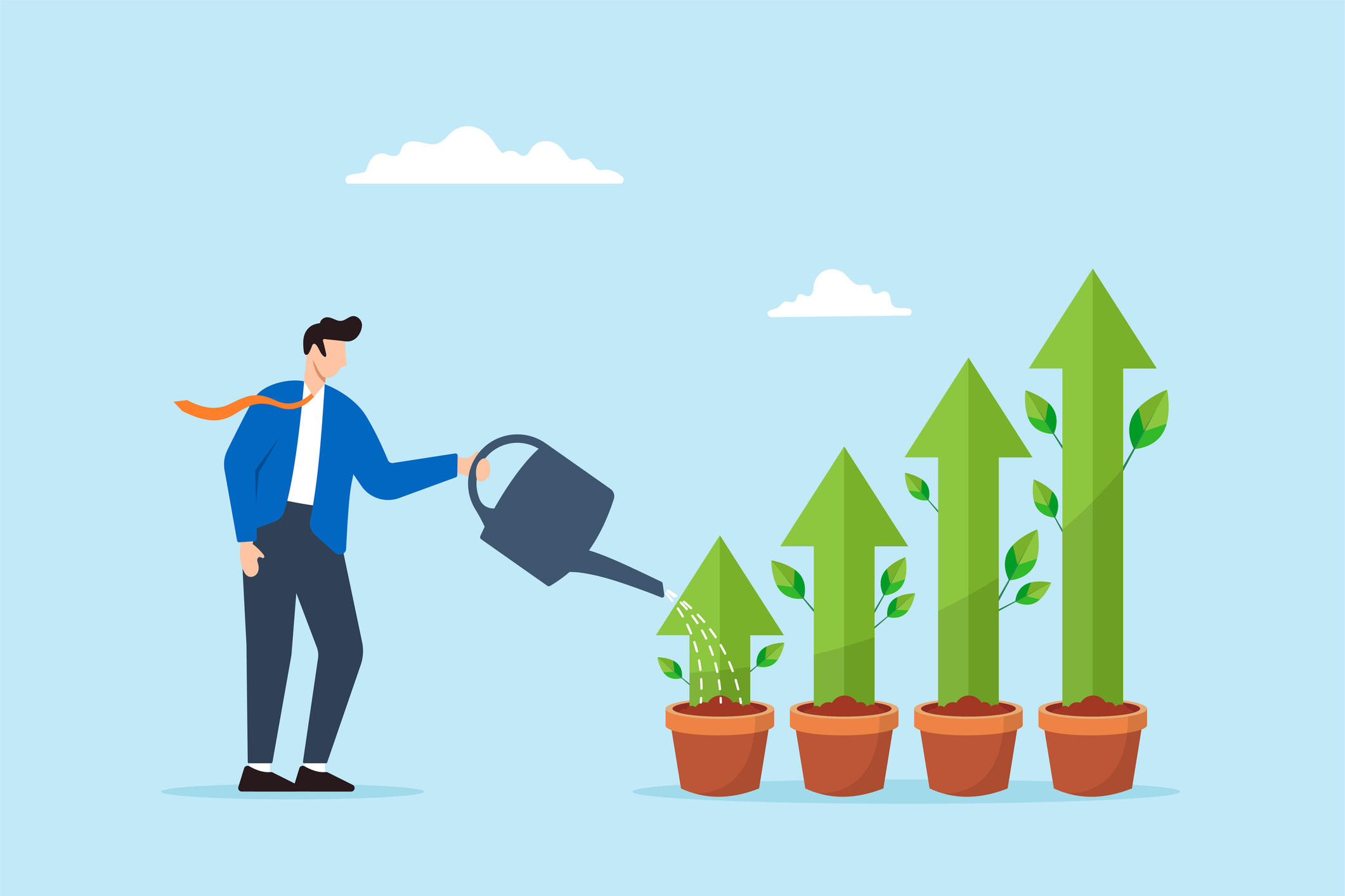 Businessman watering green plant shaped like grow up trend