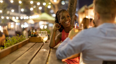 Couple drinking wine together outdoors at night