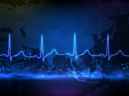 abstract background of digital ECG heartbeat pulse line wave monitor and southeast asia maps