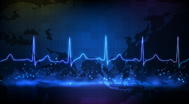 abstract background of digital ECG heartbeat pulse line wave monitor and southeast asia maps