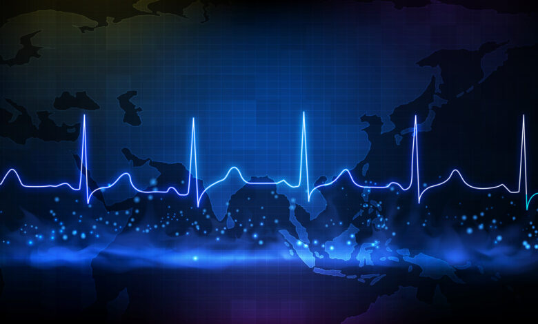 abstract background of digital ECG heartbeat pulse line wave monitor and southeast asia maps