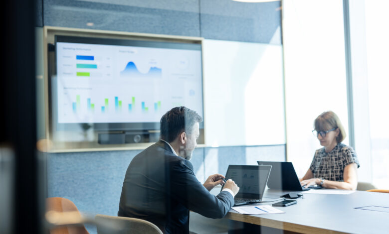 Potential for Faster Business Growth and Business Scalability with Strategic Plan. Business Development executive in a meeting room and using a laptop computer during a business strategic meeting in a business office. Cooperate Business.