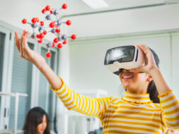 children girl using vr learning molecular structure in science laboratory