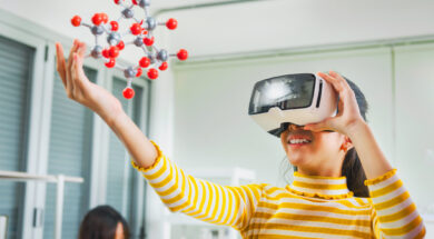 children girl using vr learning molecular structure in science laboratory