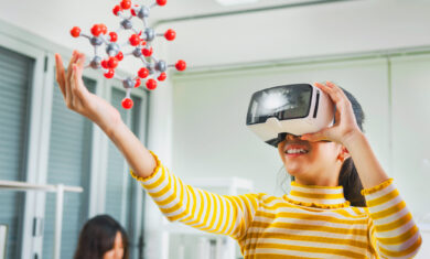 children girl using vr learning molecular structure in science laboratory