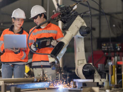 Two Industrials Engineer holding the Laptop Computer examining the operating Robotic welding Machine in the factory.