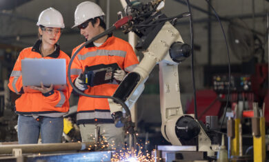 Two Industrials Engineer holding the Laptop Computer examining the operating Robotic welding Machine in the factory.
