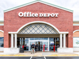 Office Depot store in Fairfax county, Virginia shop exterior entrance with sign, logo, doors , couple walking out