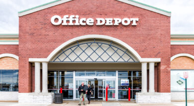 Office Depot store in Fairfax county, Virginia shop exterior entrance with sign, logo, doors , couple walking out