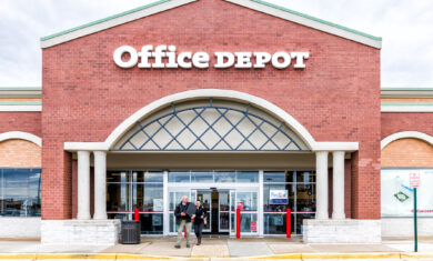Office Depot store in Fairfax county, Virginia shop exterior entrance with sign, logo, doors , couple walking out
