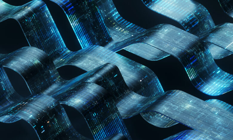 Futuristic Ribbons Creating a Complex, Interconnected Network. Transforming the Future – Embracing Digital Evolution