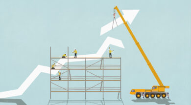 Construction workers on scaffolding below crane assembling ascending graph arrow