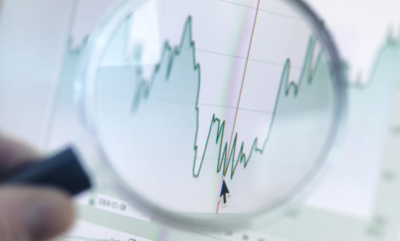 Investor analysing line graph on computer screen with magnifying glass
