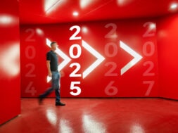 Man walking frome 2024, to 2025, new year concept