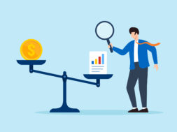 Flat illustration of businessman using magnifier to weigh coin and chart sheet on balance scale for financial analysis and decision making