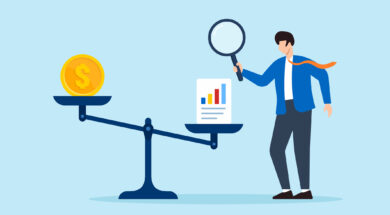 Flat illustration of businessman using magnifier to weigh coin and chart sheet on balance scale for financial analysis and decision making
