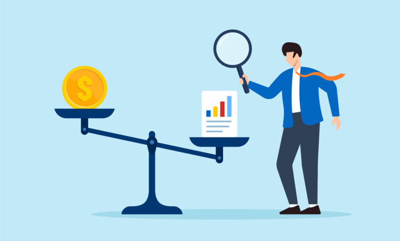 Flat illustration of businessman using magnifier to weigh coin and chart sheet on balance scale for financial analysis and decision making