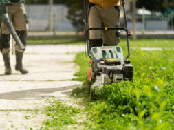 Two men are trimming grass: one is using a lawn mower, and the other one is using a blower to blow away the cut grass.