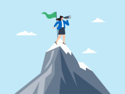 Flat illustration of businesswoman stand on mountain peak with flag binocular looking for new challenge after business achievement