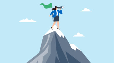 Flat illustration of businesswoman stand on mountain peak with flag binocular looking for new challenge after business achievement