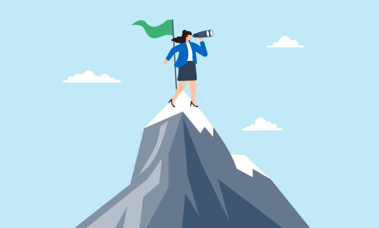 Flat illustration of businesswoman stand on mountain peak with flag binocular looking for new challenge after business achievement