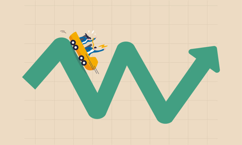 Investment volatility metaphor of riding roller coaster, financial stock market fluctuation rising up and falling down concept, people investors riding roller coaster on fluctuated market chart.