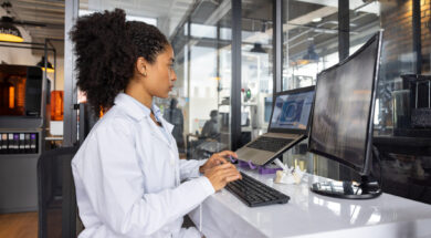 Health engineer working at a 3D printing laboratory