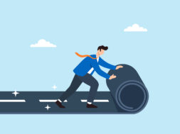 Flat illustration of businessman rolling out new road symbolizing career path development business planning direction and future opportunity