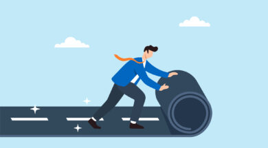Flat illustration of businessman rolling out new road symbolizing career path development business planning direction and future opportunity
