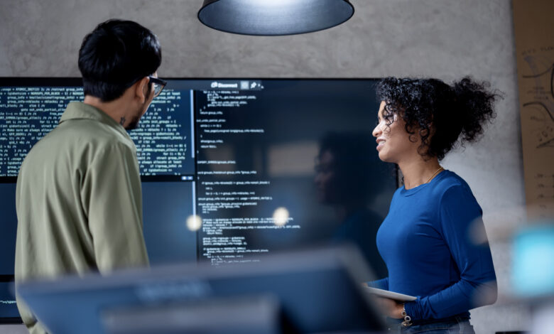 Involve People in Decisions to Improve Performance, Efficiency, and Productivity in Software Development. Diversity of team software developer on a software project discussion to define project timeline in a tech business office.