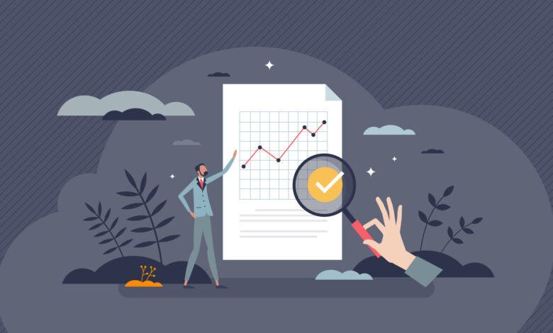 Case study insights with analysis and statistic report tiny person concept