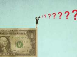 Businesswoman standing on oversized dollar and shouting questions through megaphone