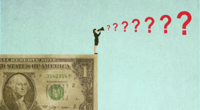 Businesswoman standing on oversized dollar and shouting questions through megaphone