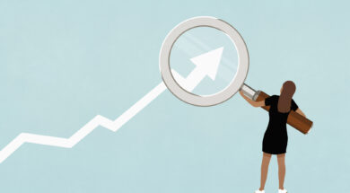 Woman holding magnifying glass over ascending graph arrow on blue background