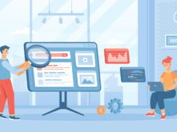 Search engine optimization for website. SEO management, keywording, content marketing, site analytics. Flat cartoon vector illustration with people characters for banner, website design