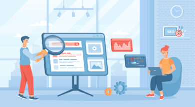 Search engine optimization for website. SEO management, keywording, content marketing, site analytics. Flat cartoon vector illustration with people characters for banner, website design