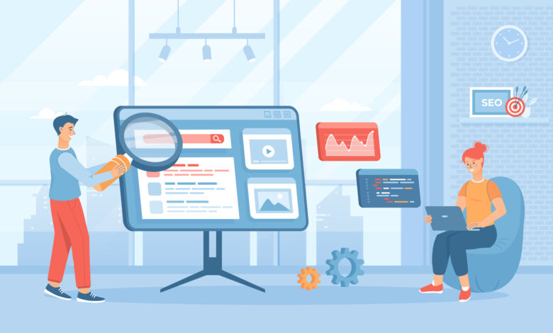 Search engine optimization for website. SEO management, keywording, content marketing, site analytics. Flat cartoon vector illustration with people characters for banner, website design